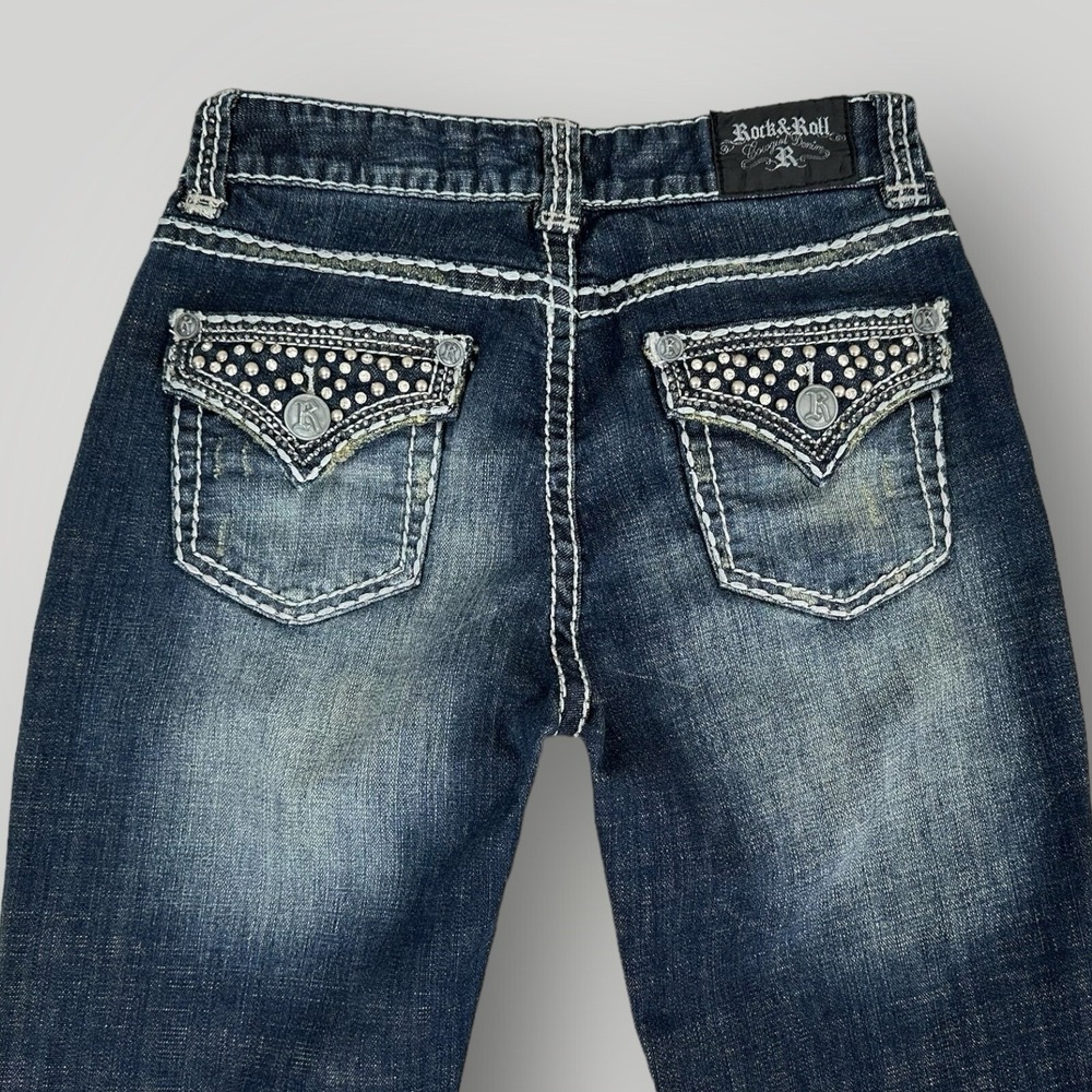 Rock & Roll Cowgirl Jeans Womens 27x34 (28x30) Bootcut Mid Rise Rhinestones
